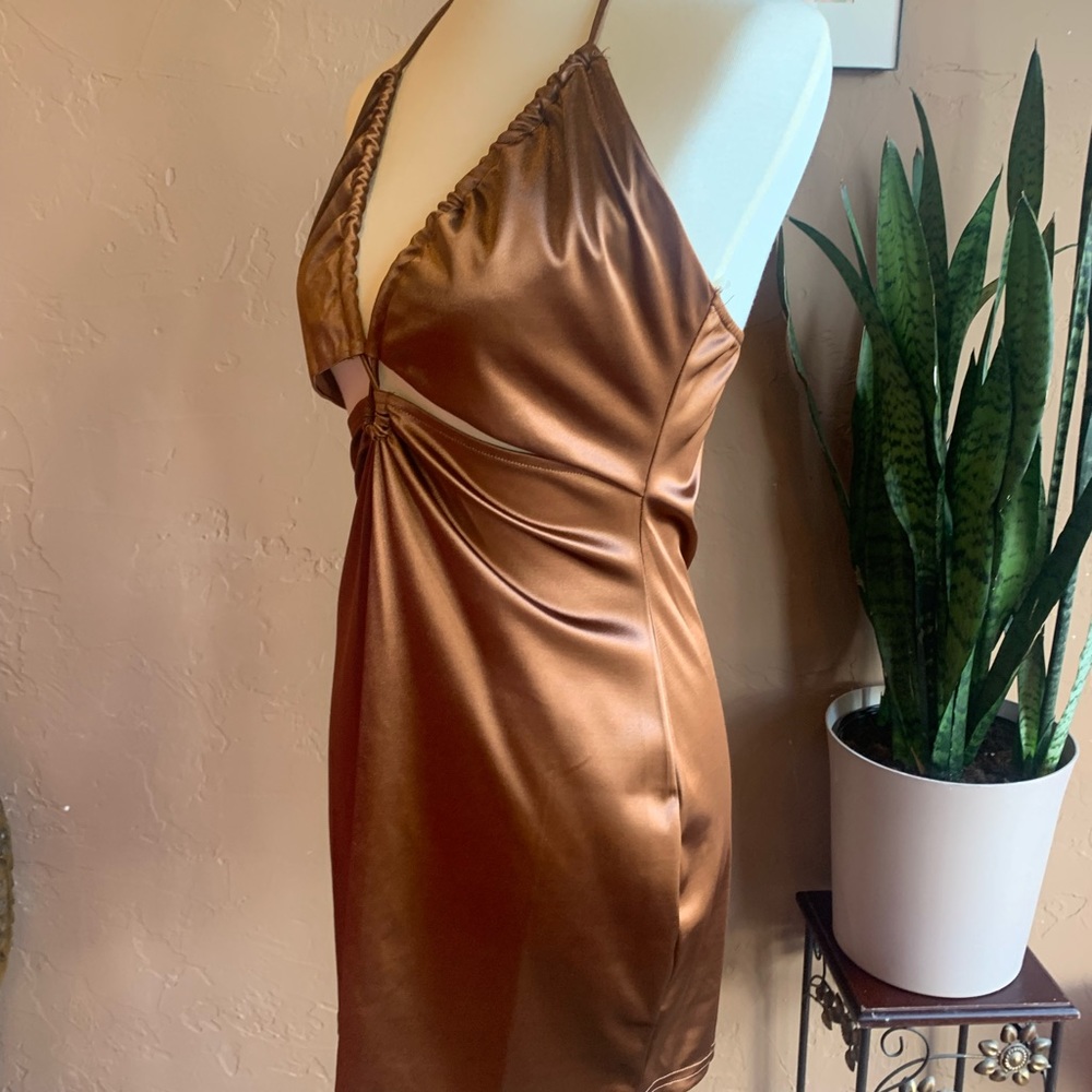 Copper Brown Shiny Body Control Halter Cocktail Mini Dress NWT - Picture 10 of 11